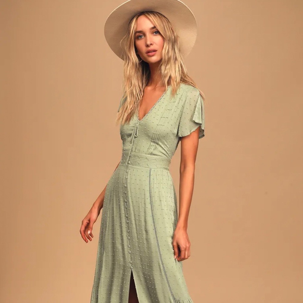 Sage Green Swiss Dot Button-Front Maxi Dress